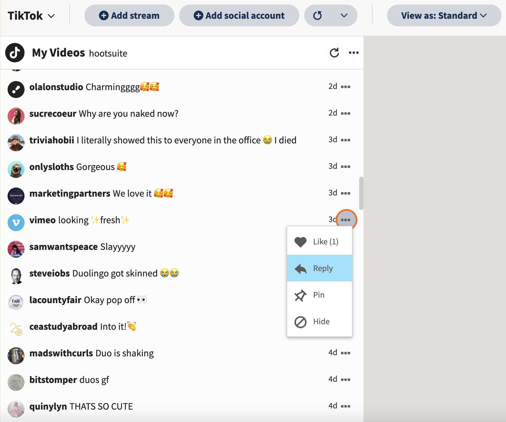 A moderation view showing a list of comments on a tiktok video with options to like, reply, pin, or hide a comment.